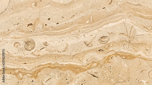 Cream beige marble stone slab with fossilized seashell inclusions and wavy natural veins creating organic textured interior architecture background design element.