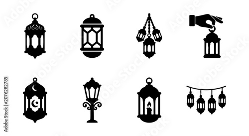 Islamic Lantern Icons, Ramadan Decorative Lights, Arabic Ornate Lamps, Festive Illumination Set