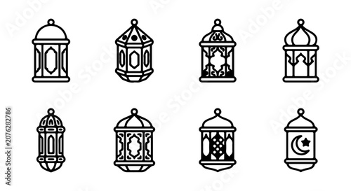 Islamic Lantern Icons, Ramadan Decorative Lights, Arabic Ornate Lamps, Vector Set