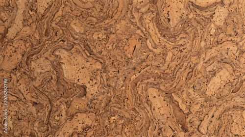 Natural cork wood texture with intricate swirling patterns and organic brown tones creates a sustainable material background for eco friendly design applications.