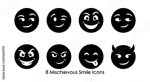 Quadro su tela 8 Mischievous Smile Icons, Black Emoji Faces, Devilish Expressions, Playful Emot
