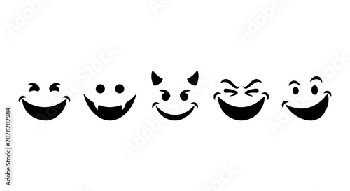 Foto Set of Five Diverse Smiley Face Emoticons, Devilish Grin, Winking, Happy Express