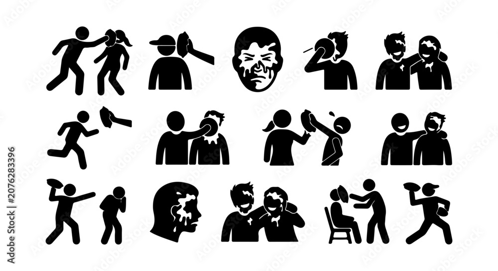 Fototapeta premium Violence Icons, Aggression Symbols, Conflict Stick Figures, Social Issues Vector Set