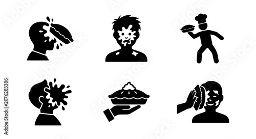 Tableau sur toile Pie Throwing Icons, Silhouettes of People Hit by Pie, Chef with Pie, Food Fight