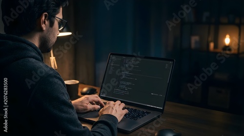 Focused programmer working on coding project on a laptop at night in dark room