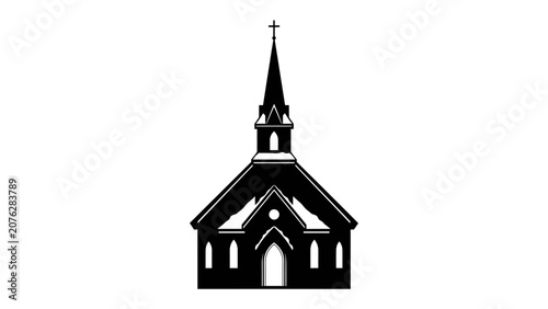 Bild auf Leinwand Church Silhouette: A stark black silhouette of a charming church, complete with a steeple and cross, stands against a bright, clear background, representing faith and community