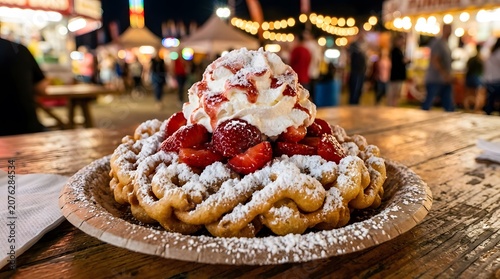 Delicious Strawberry Funnel Cake at Nighttime Fair perfect for National State Fair Food Day
