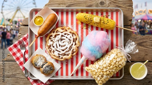 Assorted fair foods on a tray at outdoor event perfect for National State Fair Food Day