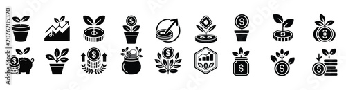 Collection of various black financial growth icons representing savings and investment concepts