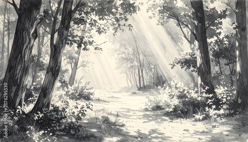 Enchanting Forest Path - A Black and White Watercolor Landscape.