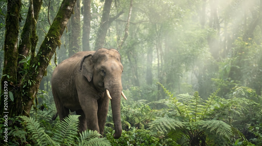 Fototapeta premium A large elephant stands among lush ferns and trees in a sunlit forest.