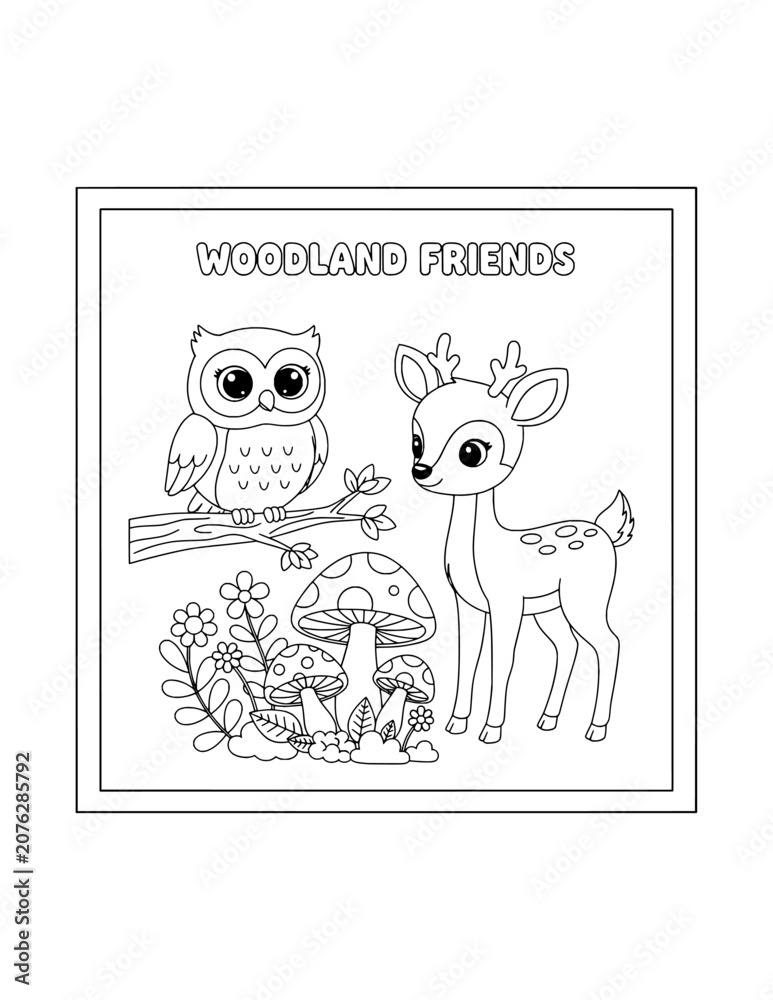 Fototapeta premium Cute Cartoon Owl and Deer Coloring Page – Printable Black and White Outline Educational Worksheet for Kids