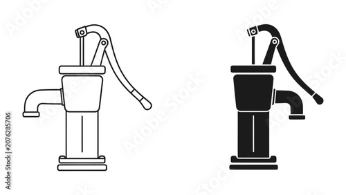 Water Pump Icons: A graphic representation of two water pumps, one in outline and the other in silhouette, presented side-by-side for comparison and design use.