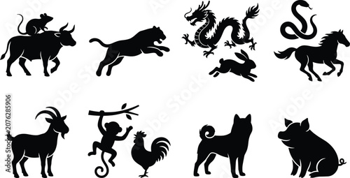 Photography Chinese Zodiac Animal Silhouette Icons Set with Dragon Tiger Horse Monkey and Fa