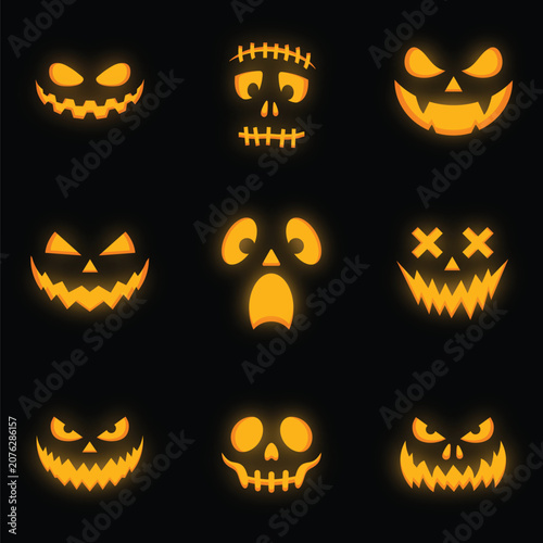 Halloween pumpkin face icon set vector illustration featuring glowing jack-o'-lantern expressions for spooky holiday party design