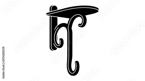Decorative Wall Shelf Bracket: A stylized silhouette of a black ornamental bracket, designed for mounting a shelf, features elegant curves and a sturdy hook.