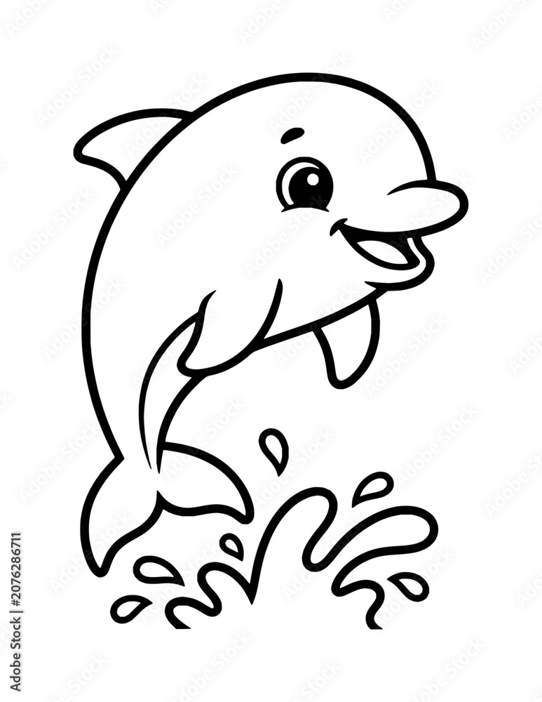 Fototapeta premium Cute Baby Dolphin Coloring Page for Kids. Simple Ocean Animal Outline Illustration for Children.
