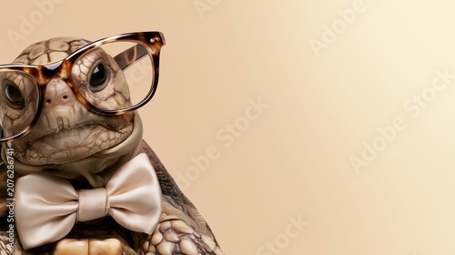 Cute Baby Tortoise Wearing Stylish Eyeglasses and Satin Bow Tie on Minimal Beige Background with Copy Space