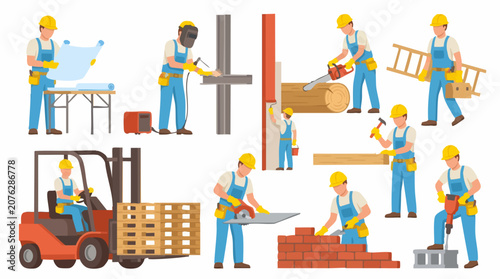 Set of construction workers performing various building and renovation tasks