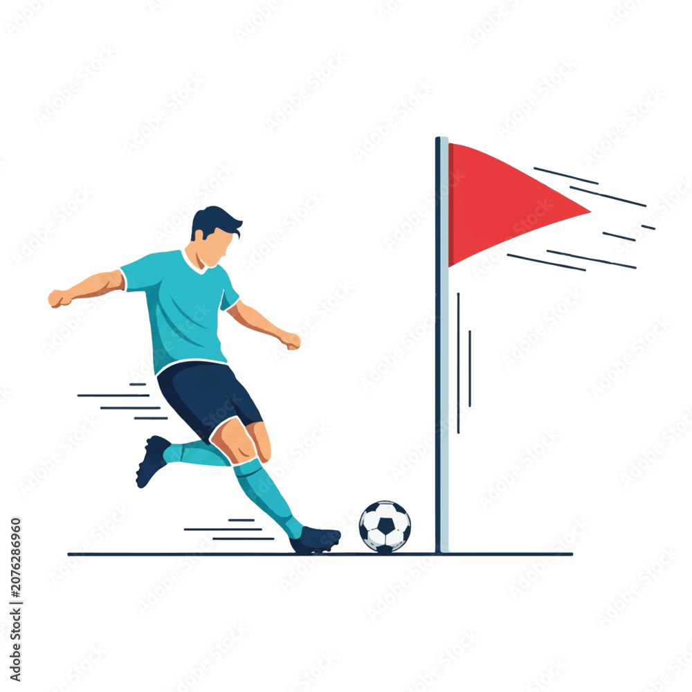 Fototapeta premium Dynamic vector illustration of a soccer player kicking the corner flag in celebration, flag bending with motion lines, energetic posture, minimalist flat vector artwork, clipart style, absolute