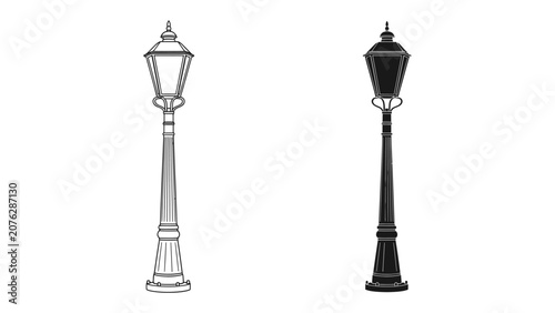 Vintage Street Lamp Designs: Two elegant vintage street lamps, one in a detailed line drawing and the other in a stark silhouette, represent classic urban lighting fixtures.