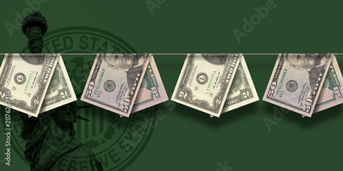 2 and 50 dollars banknotes hanging on rope. Economic banner. United States of America. Money laundering. Financial illustration. Criminal shadow economy. Fight against illegal business