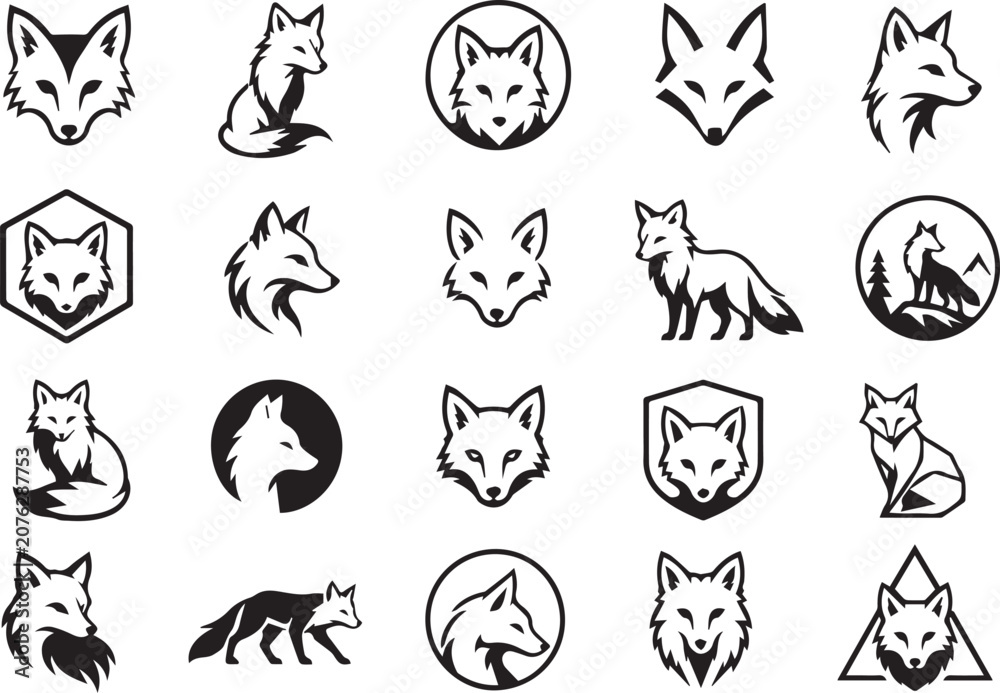 Fototapeta premium Black and White Fox Logo Collection, 20 Minimalist Fox Silhouettes and Emblems Set