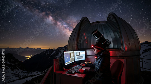 Astronomer working at a telescope observatory under starry night sky with Milky Way
