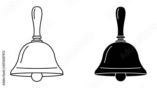 Bell Icon Outline and Solid: A graphic representation featuring two bell icons, one in an outline style and the other as a solid silhouette, symbolizing sound, communication, or a call to attention.