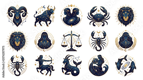 Set of zodiac signs icons with gold and dark blue celestial mystic design, astrology symbols illustrations on white background