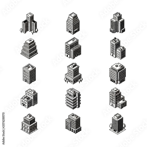 Set of isometric black and white building icons for city planning and design.
