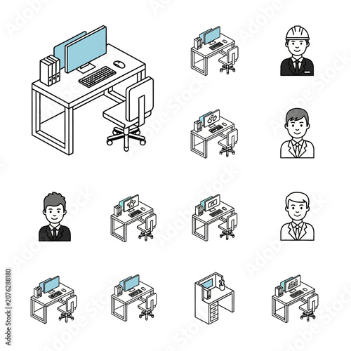 Set of isometric office desks with computers and professional business avatars for corporate design.
