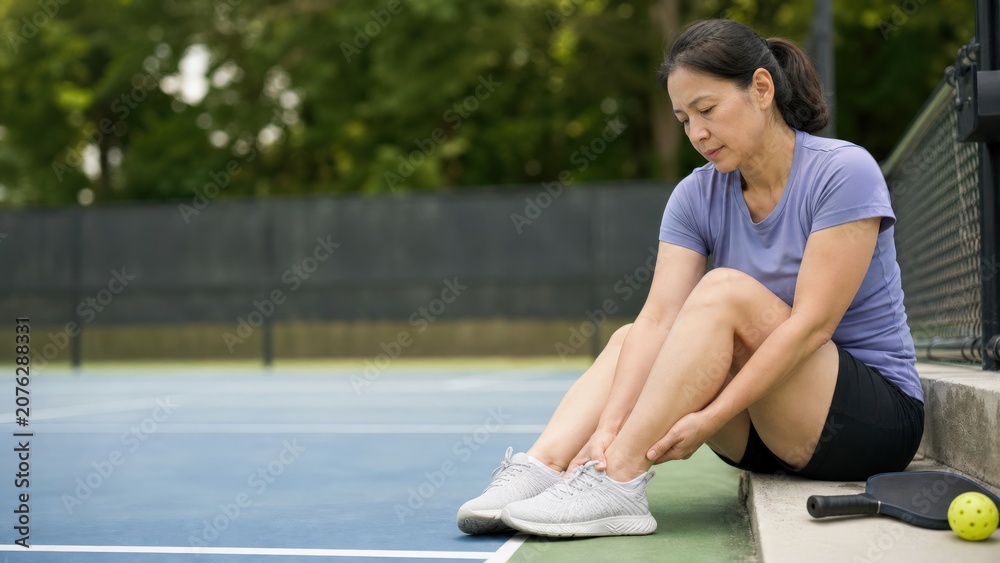 Obraz premium Pickleball injury midlife Vietnamese woman wearing plain athletic
