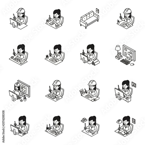 Set of isometric icons representing architects and engineers working on design projects.