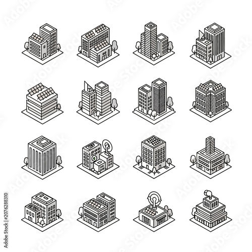Set of sixteen isometric icons representing various modern city buildings and commercial architecture.