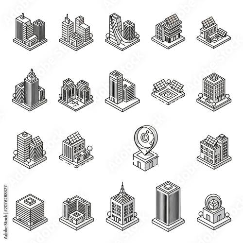 Set of isometric line art building icons for urban planning and architectural design projects.