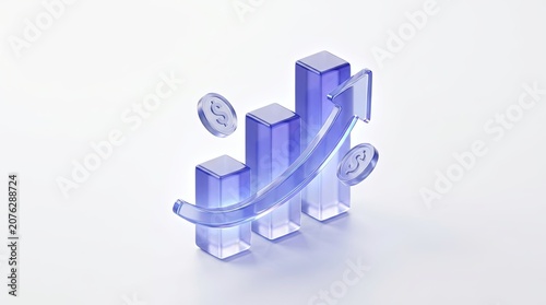 Blue translucent glass bar chart with rising arrow and coins