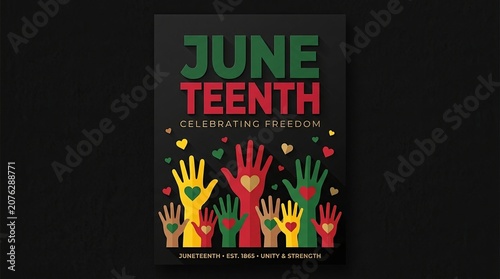 Juneteenth celebration poster featuring colorful raised hands and heart shapes