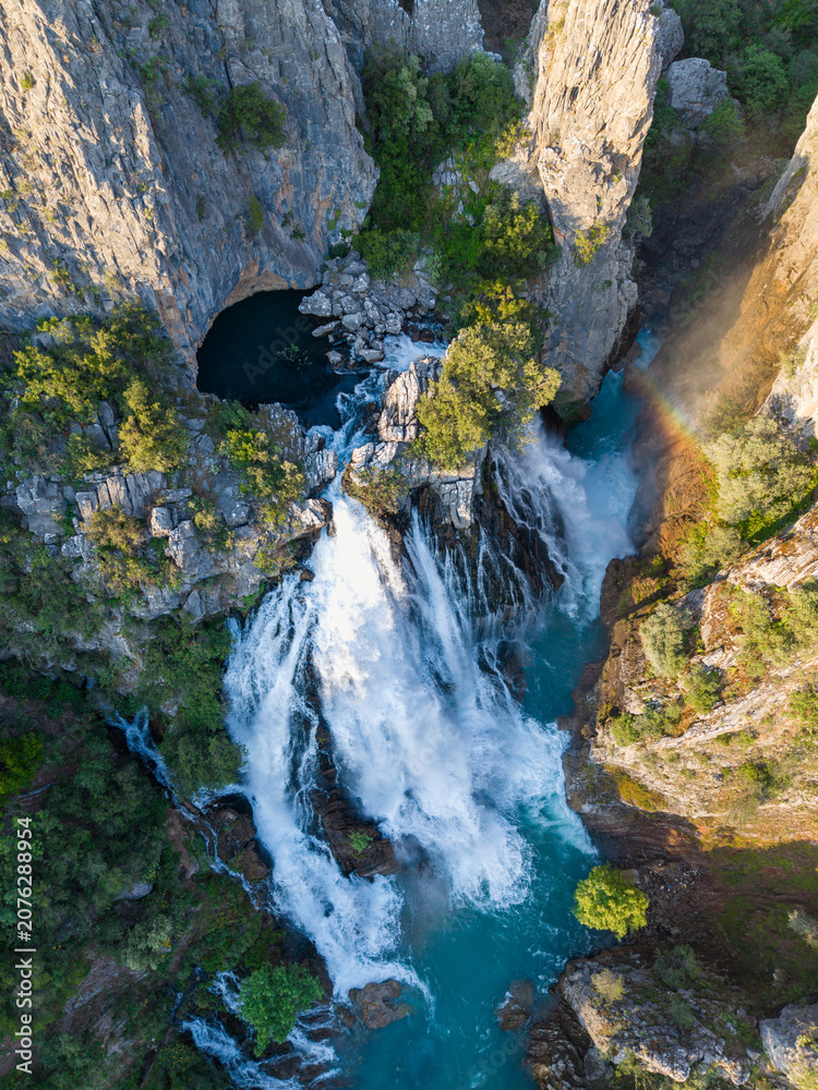 Fototapeta premium Aerial Drone View of Ucansu Waterfall Natural Beauty in Gundogmus Antalya, Turkey