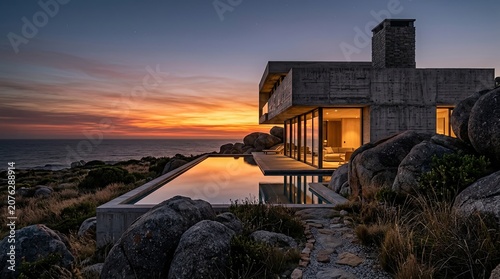 Modern concrete luxury home featuring an infinity pool at sunset