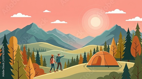 Two hikers walking together through a beautiful mountain camping landscape scene