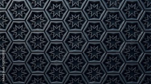 Dark metallic hexagonal pattern featuring intricate star shapes and depth