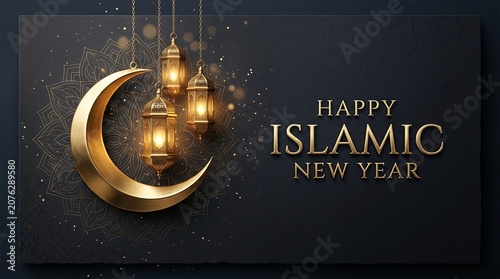 Golden crescent moon and lanterns celebrating the happy islamic new year