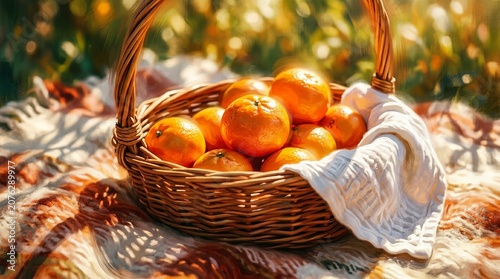 Fresh ripe oranges arranged inside a rustic woven wicker basket