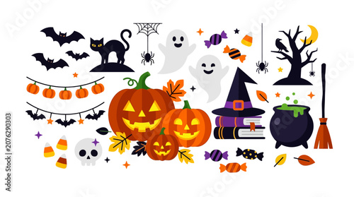 Microstock asset with halloween elements like jackolanterns, bats, ghosts, skeletons, candy, witches hats, suitable for autumnthemed design projects.