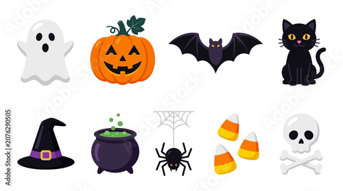 Halloween themed collection featuring spooky elements like ghosts, pumpkins, bats, cats, witches, hats, cauldrons, spider webs, candy corn, and skulls. Perfect for halloween designs and decorations.