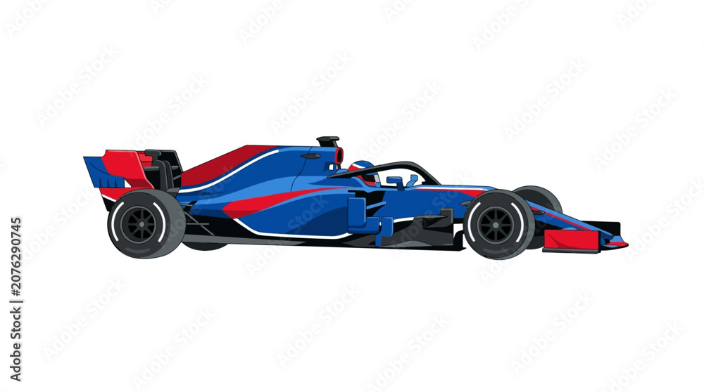 Obraz premium Blue red formula one race car graphic profile view suitable for sports designs, racing events, automotive themes, posters, and advertisements.