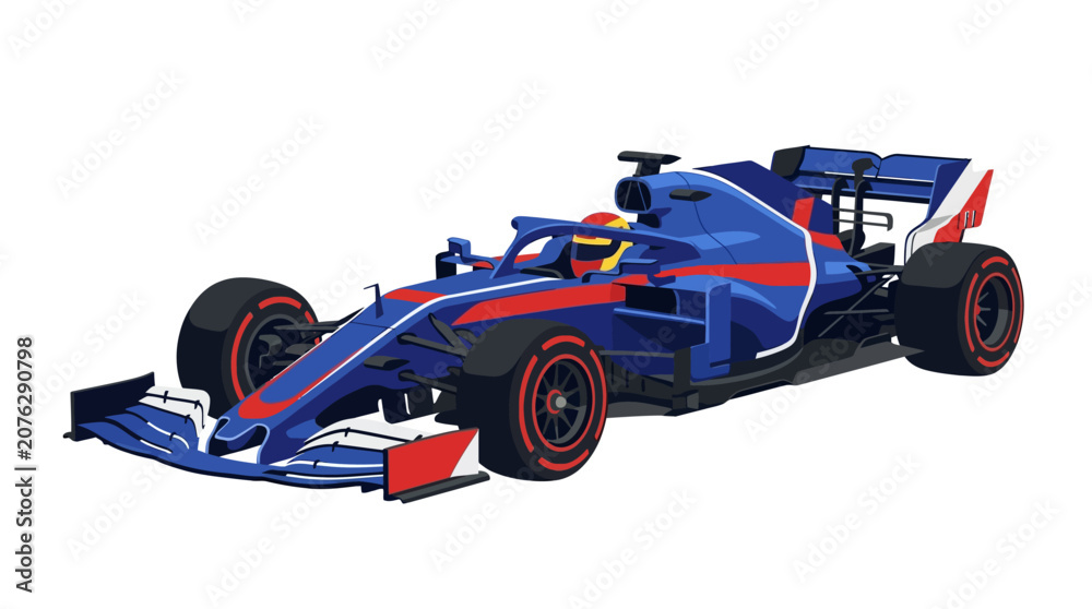 Fototapeta premium Capturing the thrill of formula one racing with a slick blue and red car speeding on the track. Ideal for sports events promotion materials.
