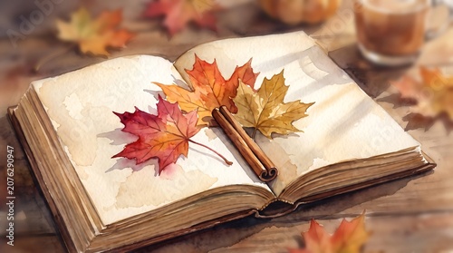 Open Book with Autumn Leaves and Cinnamon Stick on Wooden Table