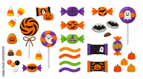 Halloweenthemed assortment of colorful treats like candy corn, lollipops, and jelly worms. Ideal for halloween party invitations or social media posts.